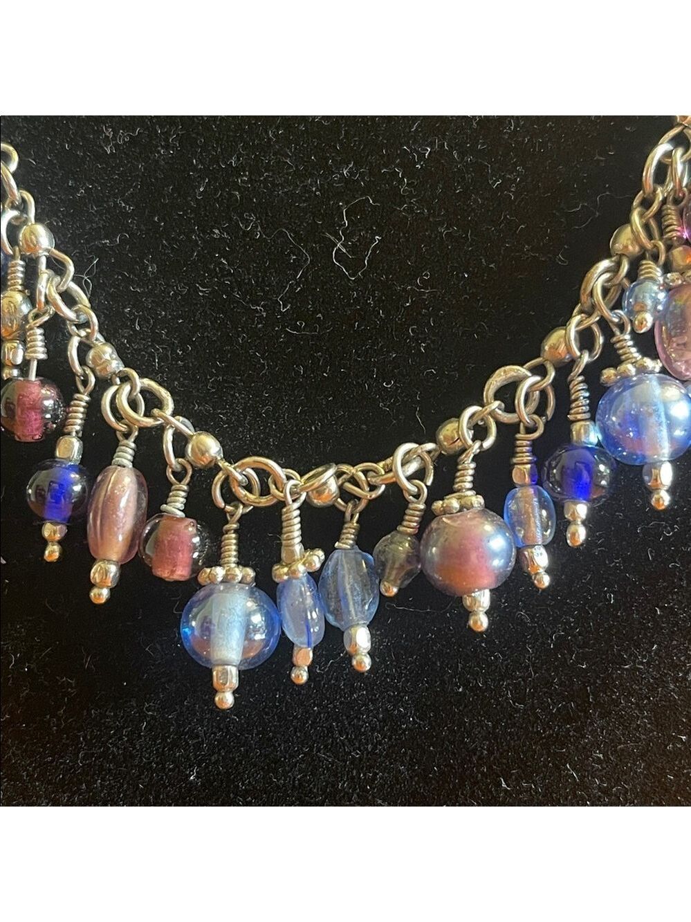 Blue Purple Beaded Charm Necklace Silver Tone Glass Drop Fringe Statement 17”